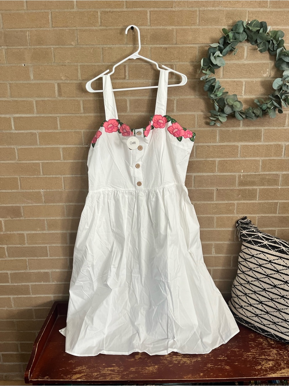 ODDY White Midi Dress with Pink Flower Embroidery
